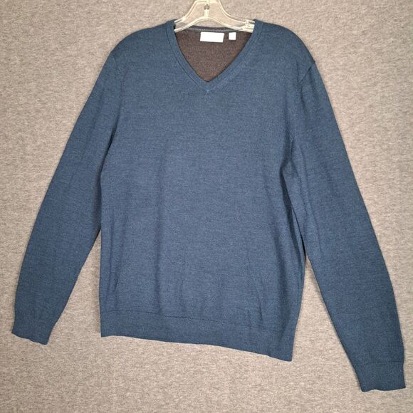 Calvin Klein Extra Fine 100% Merino Wool Sweater Men's Medium V-Neck LS Navy - Picture 1 of 8